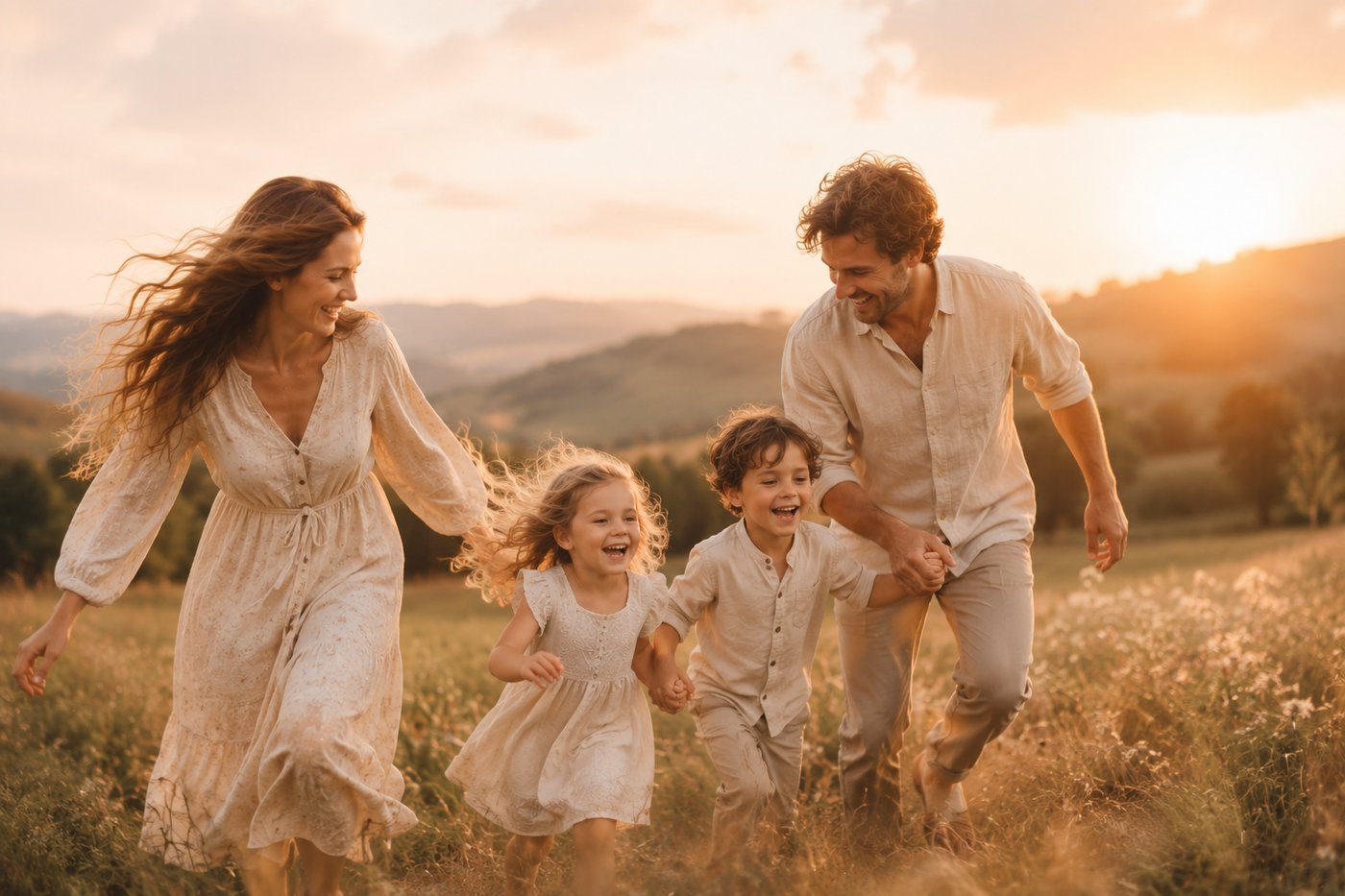 Familie läuft lachend über eine Sommerwiese