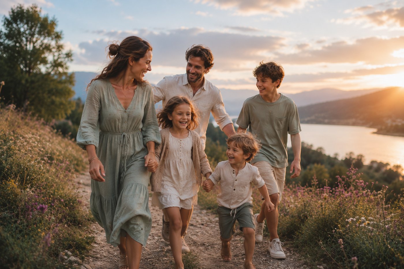 Fünfköpfige Familie spaziert am Abend an einem See